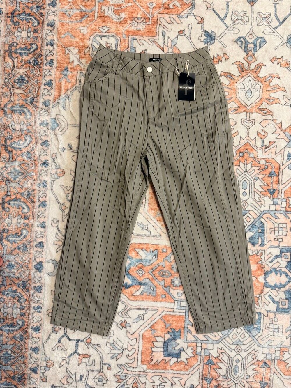 Flamingals Pinstripe Mid Waist Wide Leg Cropped Pants Gray Size Small NWT